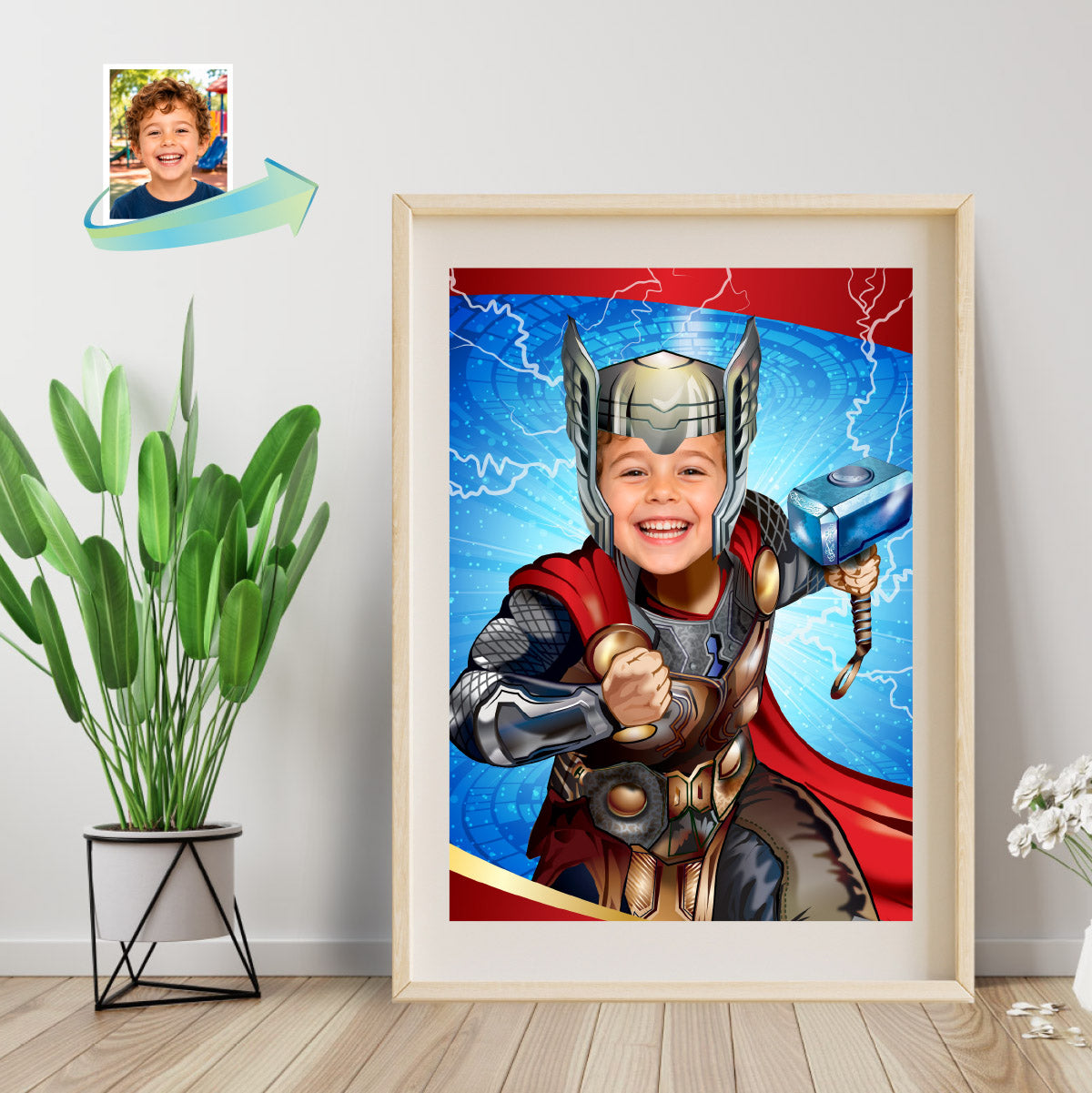 Personalized Thor Print Gift Featuring Child as Favorite Superhero, Kids Room Decor. 477