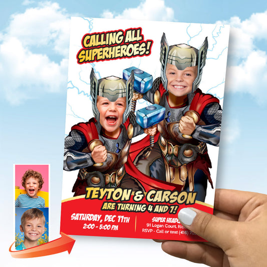 Custom Thor Siblings Birthday Invitation with kids as their favorite Avenger, Twins Thor Party. 520IN