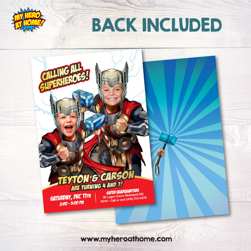 Custom Thor Siblings Birthday Invitation with kids as their favorite Avenger, Twins Thor Party. 520IN