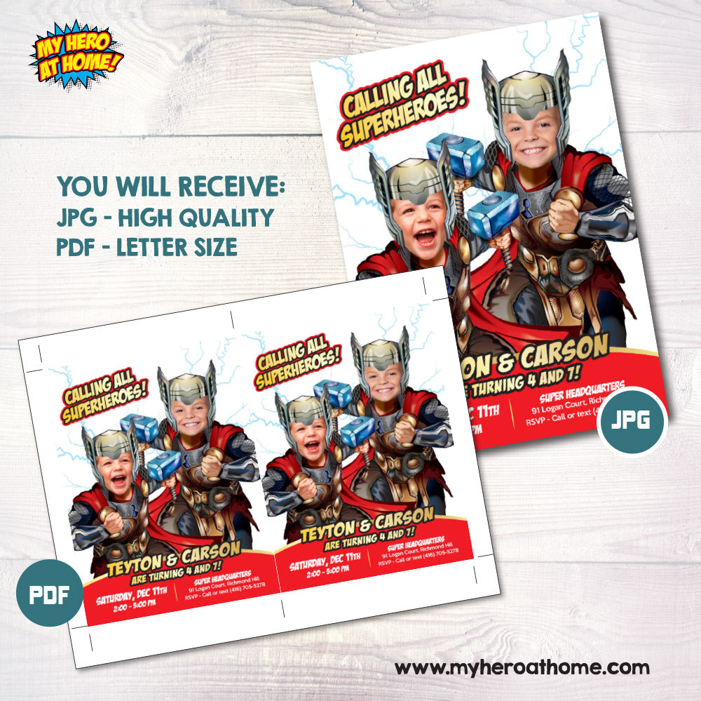 Custom Thor Siblings Birthday Invitation with kids as their favorite Avenger, Twins Thor Party. 520IN