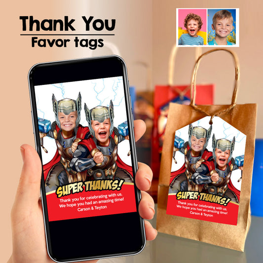 Joint Thor thank you and favor tags with kids as the Mighty Thor, Printable in 3 sizes for favor tags. 520TY