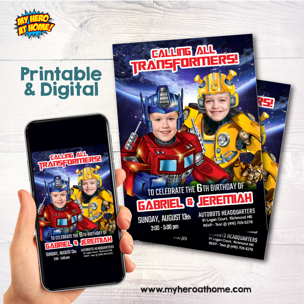 Joint Transformers Birthday Invitation, Transformers Siblings Party, Optimus Prime and Bumblebee Theme Party. 524IN