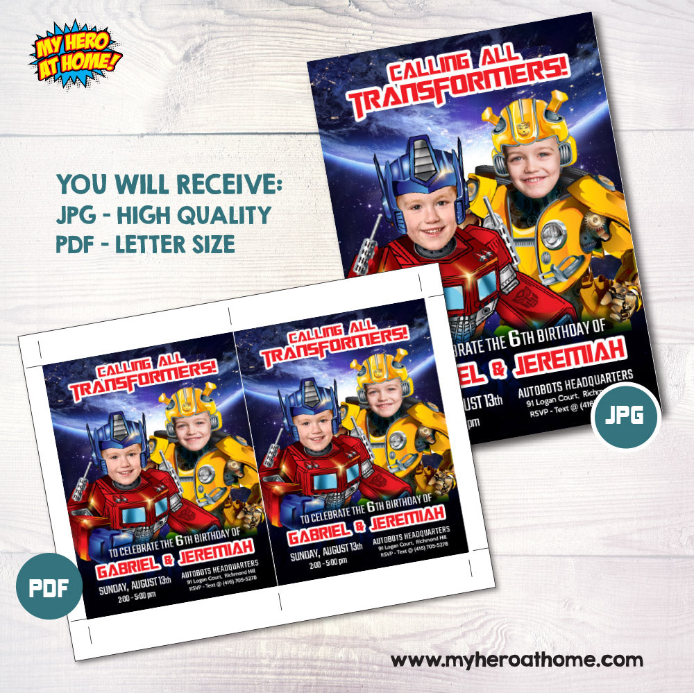 Joint Transformers Birthday Invitation, Transformers Siblings Party, Optimus Prime and Bumblebee Theme Party. 524IN
