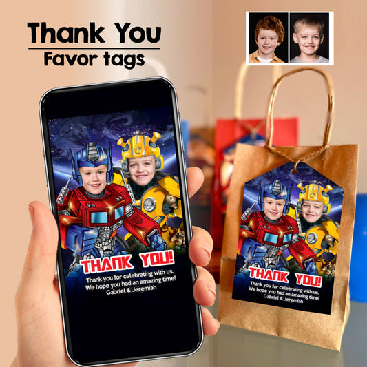 Joint Transformers birthday thank you for coming, Optimus and Bumblebee favor tags. 524TY