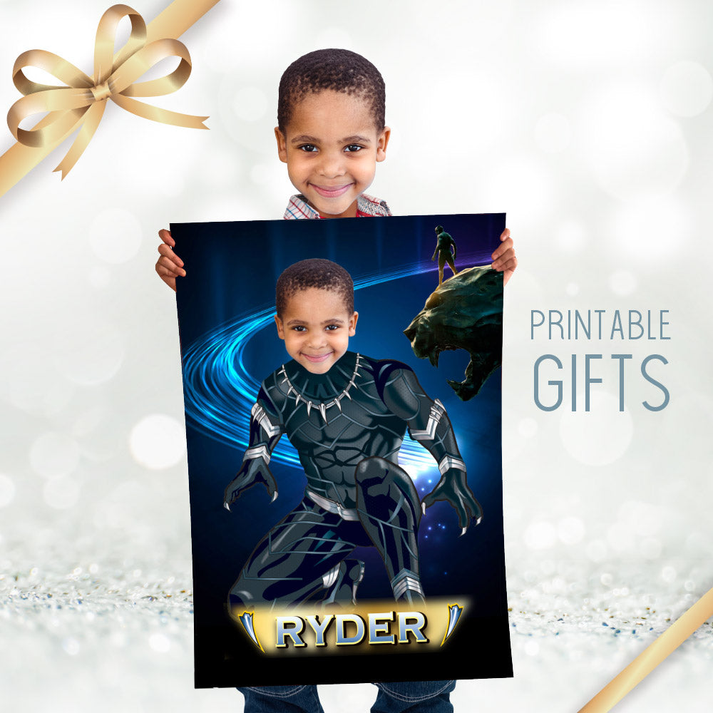 Printable Black Panther Poster with kid as T'Challa, Custom Black Panther gifts with photo. 529GF