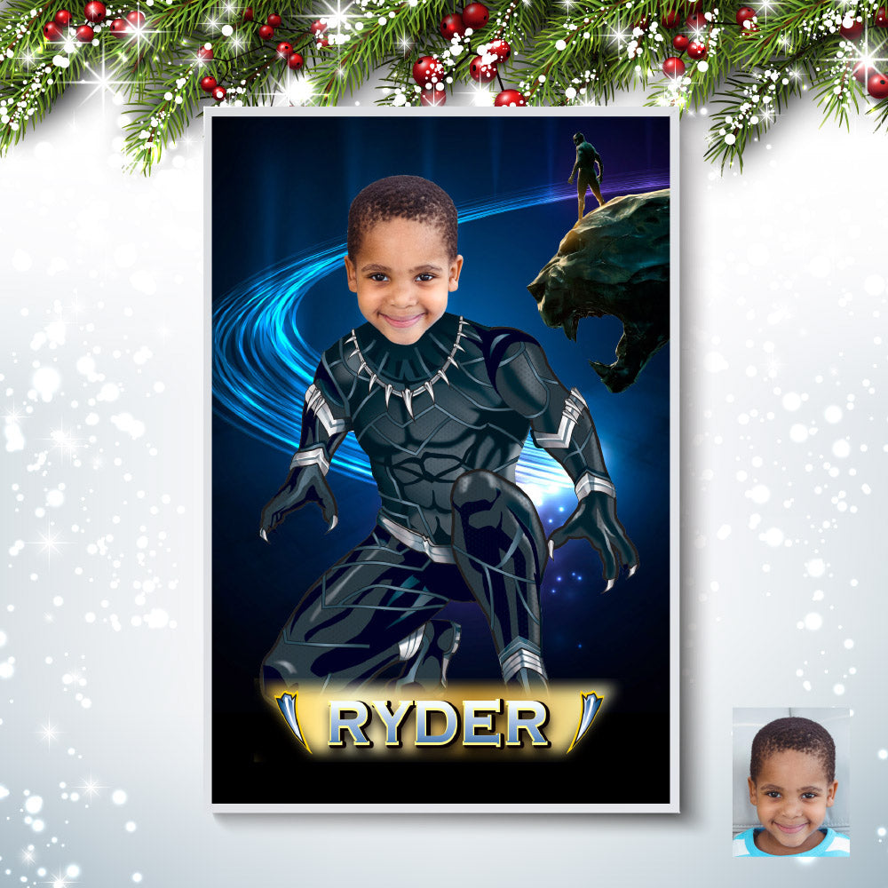 Printable Black Panther Poster with kid as T'Challa, Custom Black Panther gifts with photo. 529GF