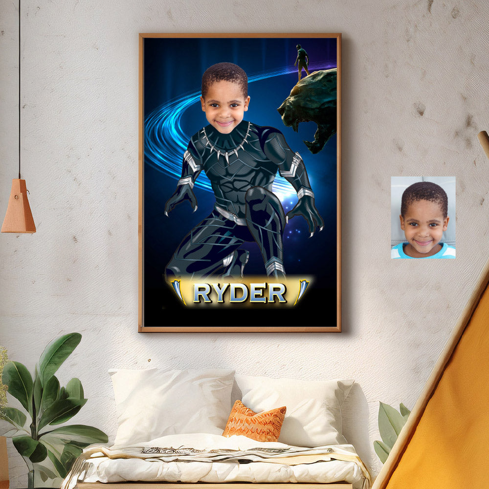 Printable Black Panther Poster with kid as T'Challa, Custom Black Panther gifts with photo. 529GF