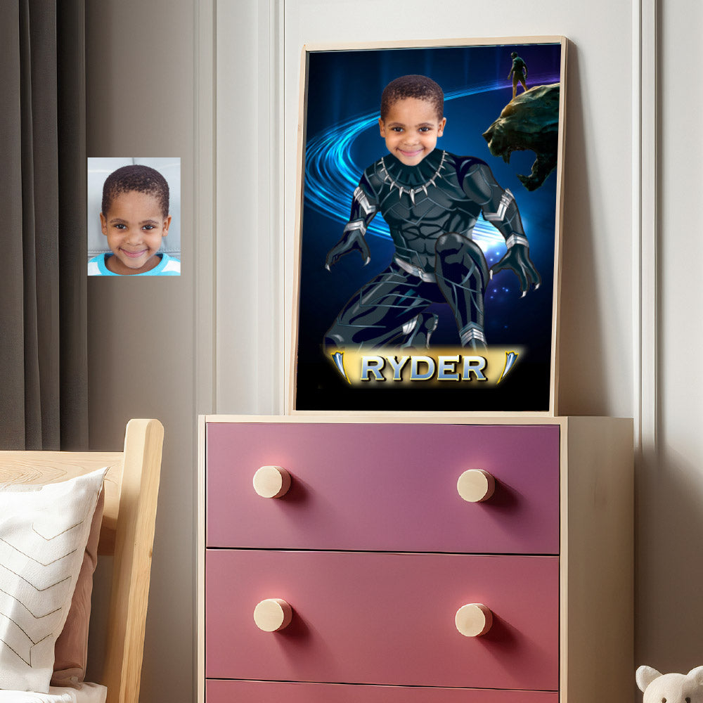 Printable Black Panther Poster with kid as T'Challa, Custom Black Panther gifts with photo. 529GF