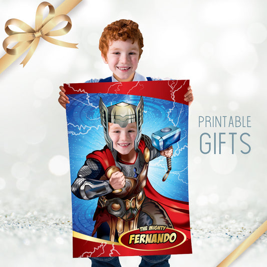 Thor Poster with your kid as his favorite Avenger, Printable Thor photo gifts. 530GF