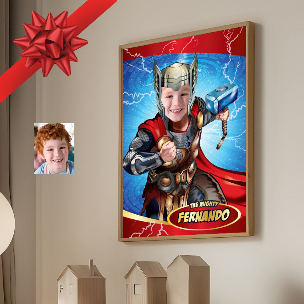 Thor Poster with your kid as his favorite Avenger, Printable Thor photo gifts. 530GF