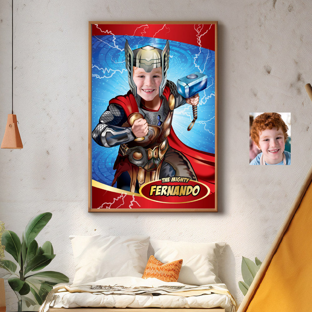 Thor Poster with your kid as his favorite Avenger, Printable Thor photo gifts. 530GF