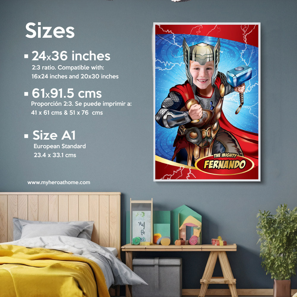 Thor Poster with your kid as his favorite Avenger, Printable Thor photo gifts. 530GF