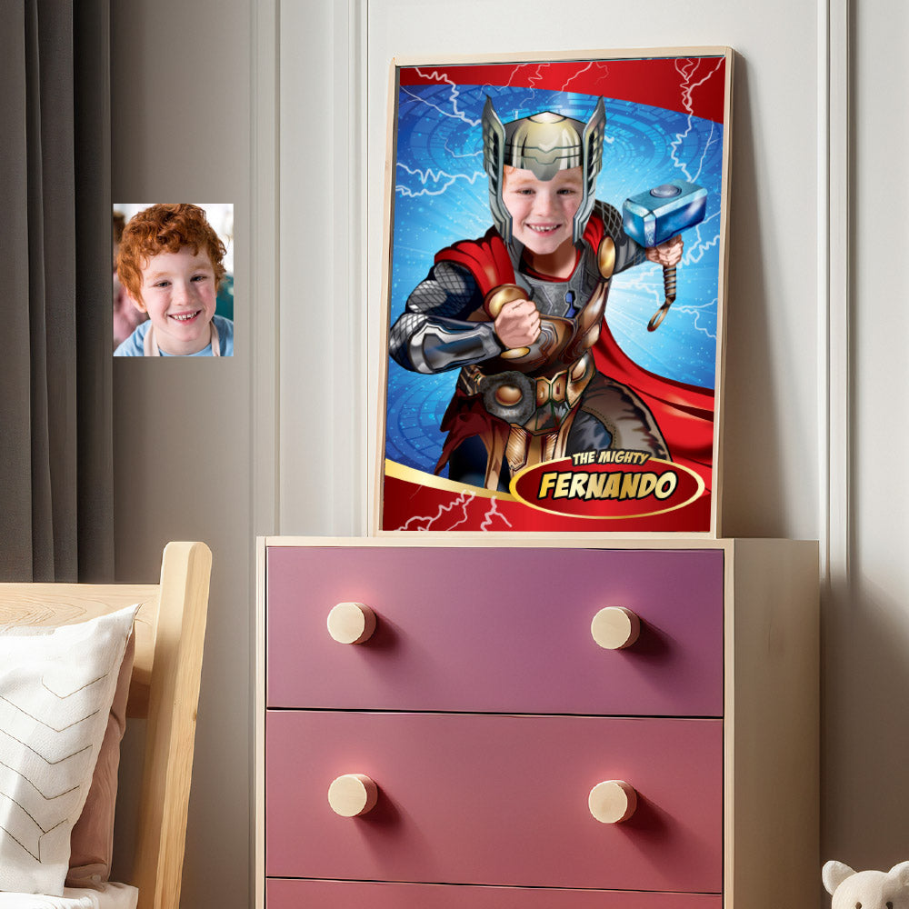 Thor Poster with your kid as his favorite Avenger, Printable Thor photo gifts. 530GF