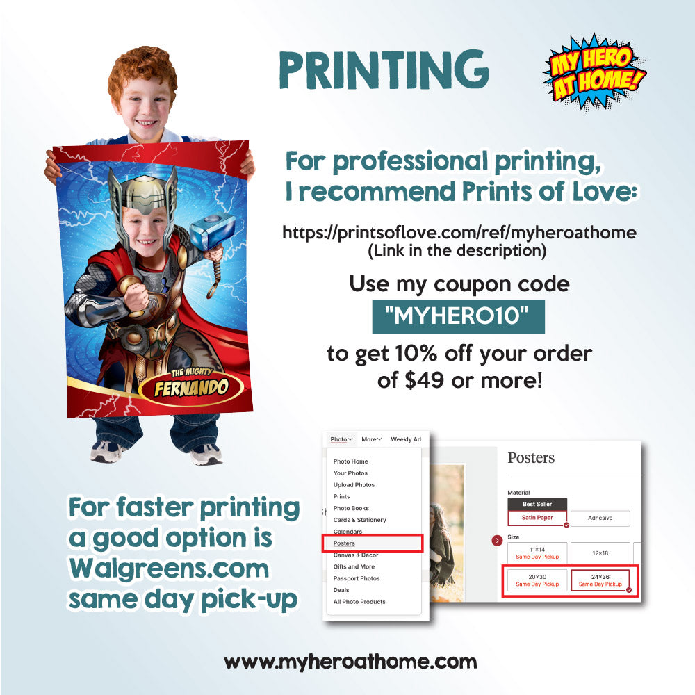 Thor Poster with your kid as his favorite Avenger, Printable Thor photo gifts. 530GF