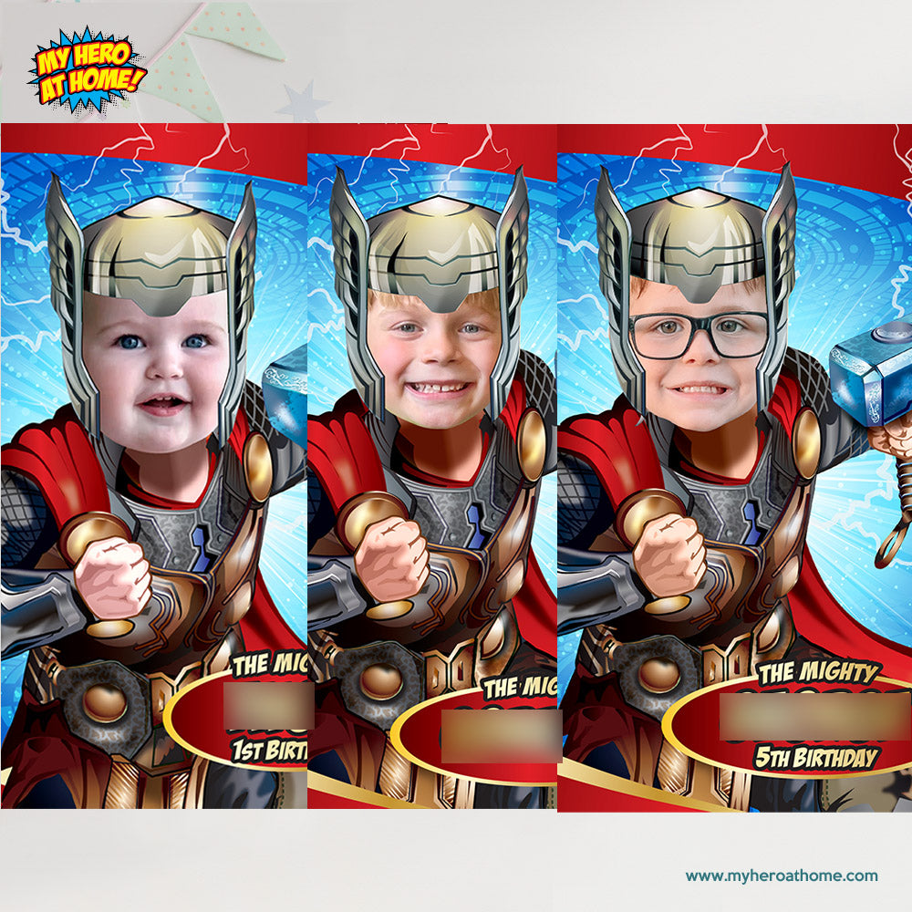 Agradecimiento Fiesta de Thor con niño como protagonista, Gracias tema Avengers con foto. 154TYSP