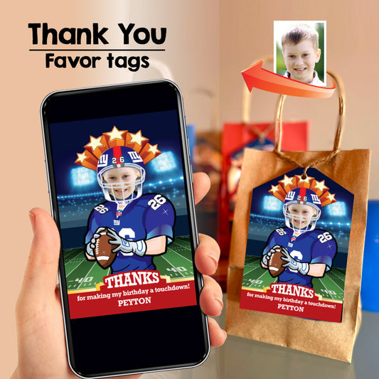 New York Giants thank you card with kid as player, NY Giants favor tags with photo. 531TY