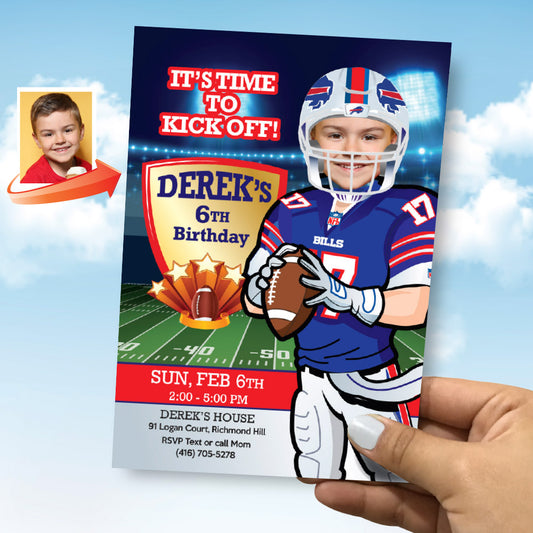 Buffalo Bills birthday Invitation template with your kid as the star, Buffalo Bills child theme party. 532IN