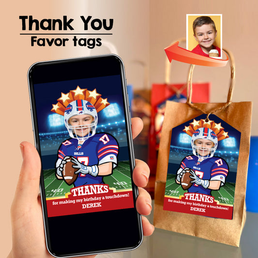 Buffalo Bills thank you card with kid as player, Bills favor tags with photo. 532TY