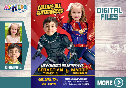 Custom Black Panther and Captain Marvel Birthday Invitation with Kids as the Stars. 540