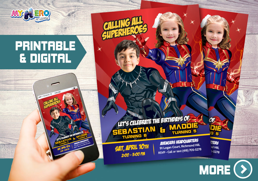 Custom Black Panther and Captain Marvel Birthday Invitation with Kids as the Stars. 540