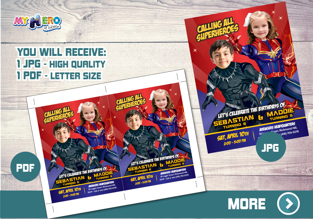 Custom Black Panther and Captain Marvel Birthday Invitation with Kids as the Stars. 540