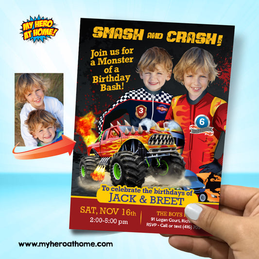 Joint Monsters Trucks Birthday Invitation with children as the stars, Siblings Monster Jam Party. 549
