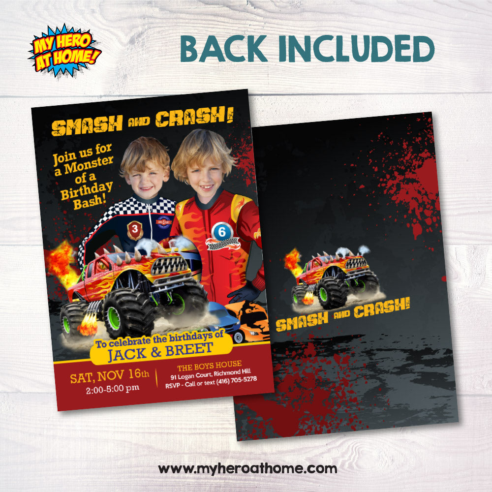 Joint Monsters Trucks Birthday Invitation with children as the stars, Siblings Monster Jam Party. 549