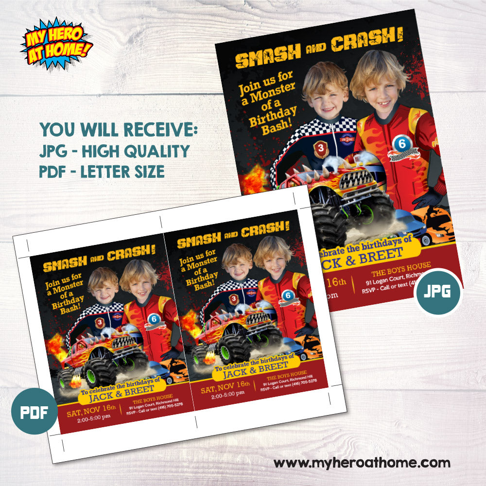 Joint Monsters Trucks Birthday Invitation with children as the stars, Siblings Monster Jam Party. 549
