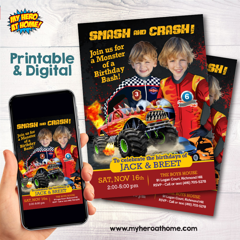Joint Monsters Trucks Birthday Invitation with children as the stars, Siblings Monster Jam Party. 549