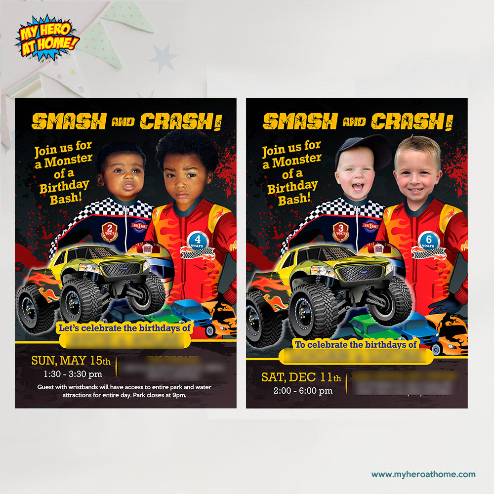 Joint Monsters Trucks Birthday Invitation with children as the stars, Siblings Monster Jam Party. 549