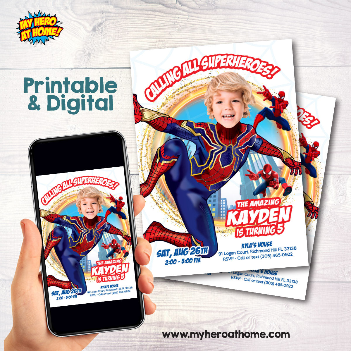 Custom Spiderverse Party Invitation Featuring Birthday Kid as Spiderman. 554IN