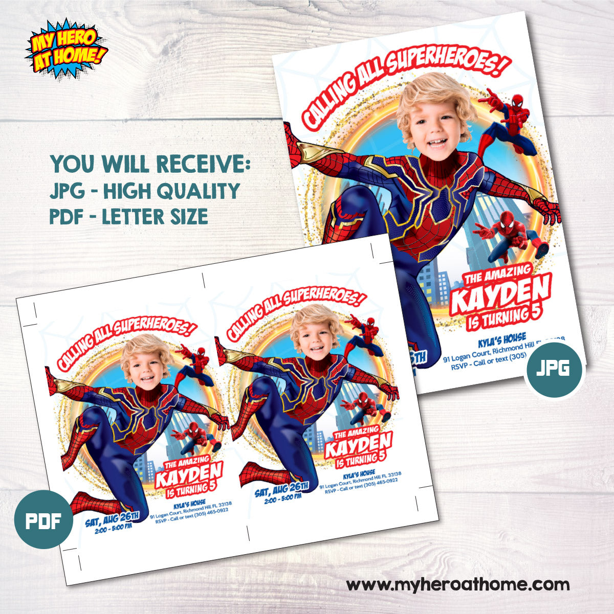 Custom Spiderverse Party Invitation Featuring Birthday Kid as Spiderman. 554IN