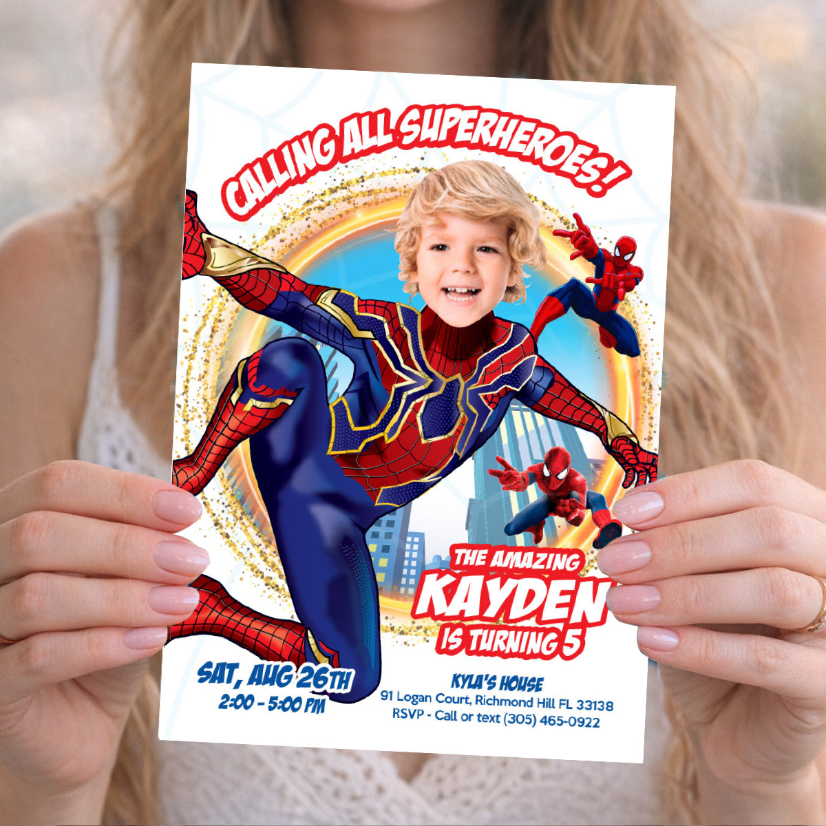Custom Spiderverse Party Invitation Featuring Birthday Kid as Spiderman. 554IN