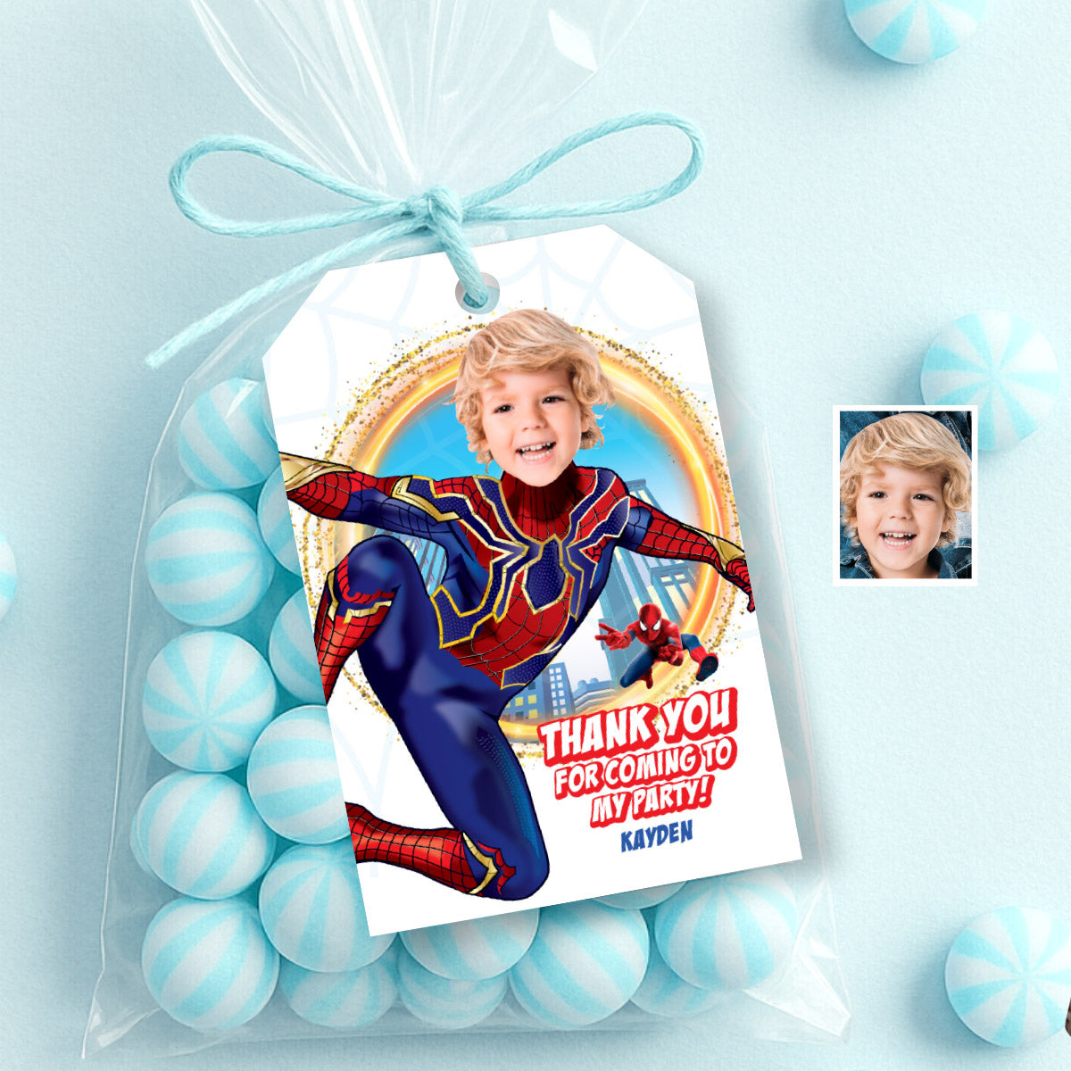 Personalized Spider Verse Thank You and Favor Tag with child as Spiderman. 554TY
