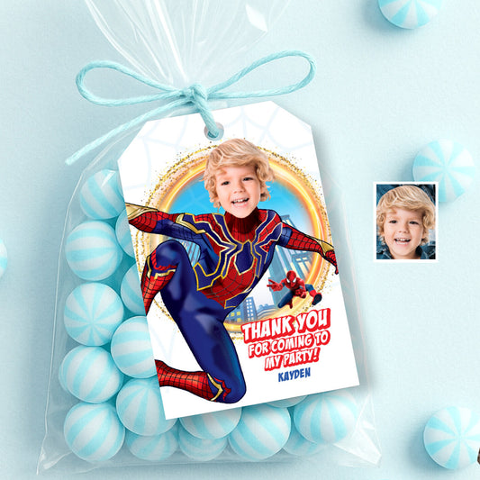 Personalized Spider Verse Thank You and Favor Tag with child as Spiderman. 554TY