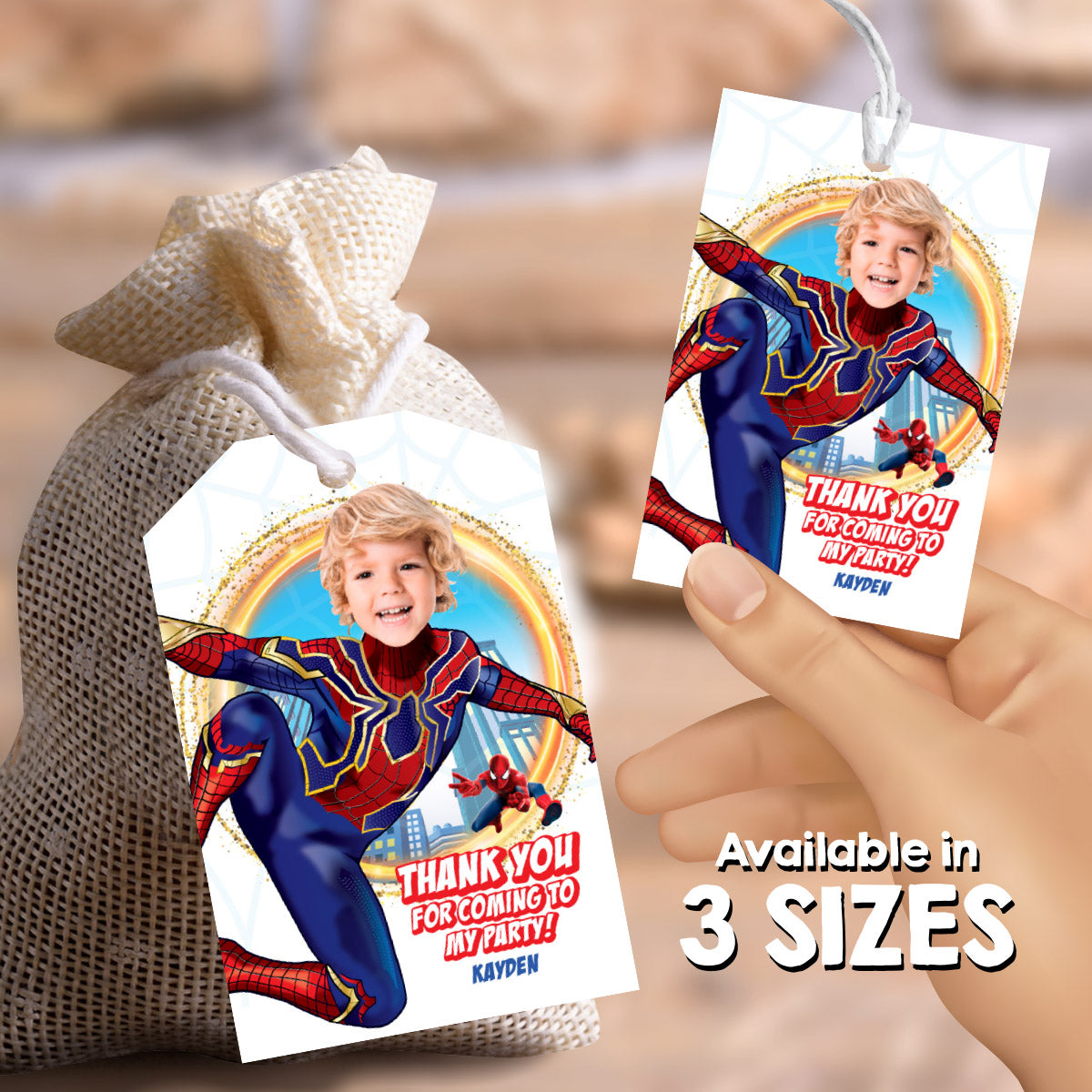 Personalized Spider Verse Thank You and Favor Tag with child as Spiderman. 554TY