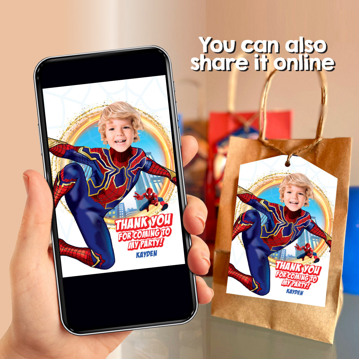 Personalized Spider Verse Thank You and Favor Tag with child as Spiderman. 554TY