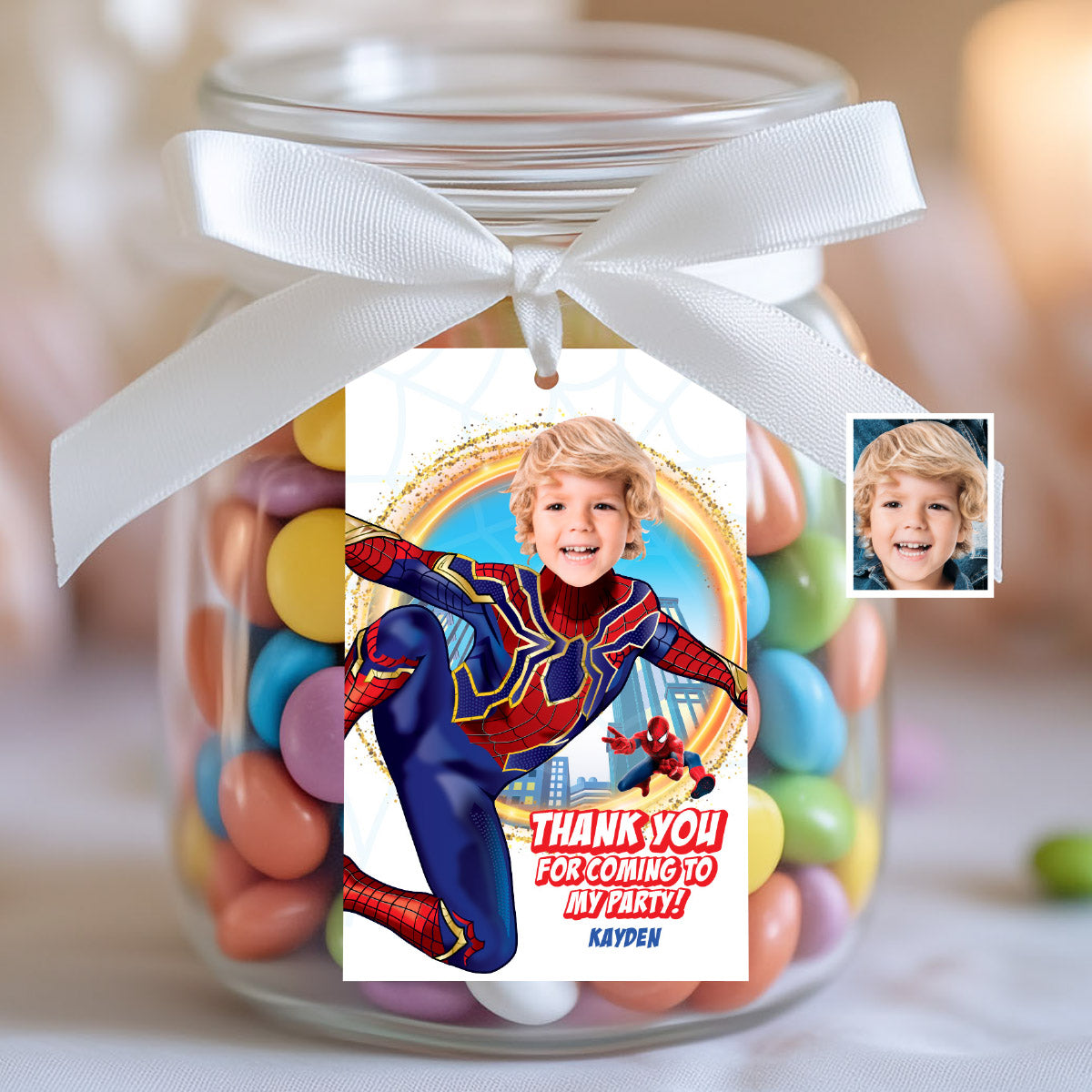 Personalized Spider Verse Thank You and Favor Tag with child as Spiderman. 554TY