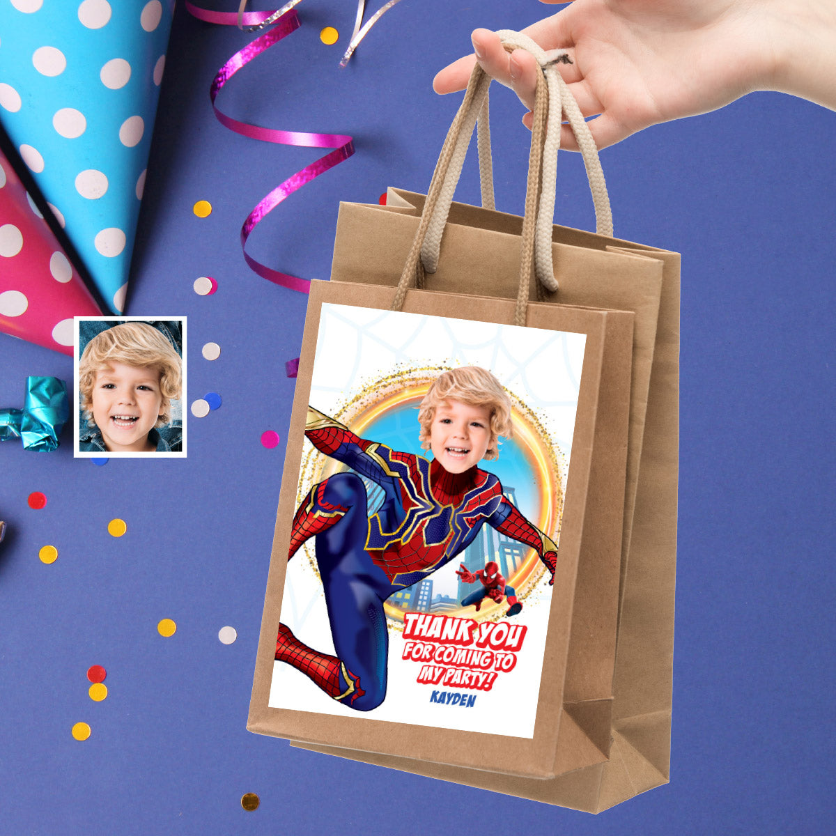 Personalized Spider Verse Thank You and Favor Tag with child as Spiderman. 554TY