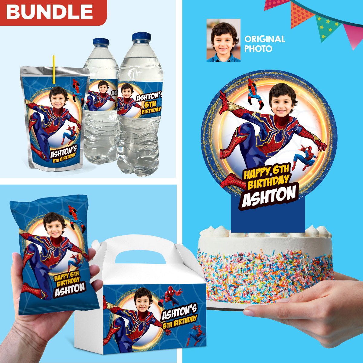 Bundle Iron Spiderman Party table with kid as the Superhero, Cake Topper, snacks labels, Chip bags, Party favors. 555B1