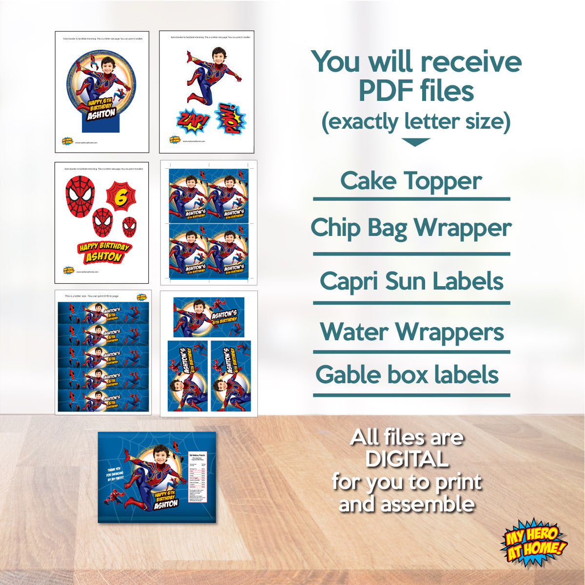 Bundle Iron Spiderman Party table with kid as the Superhero, Cake Topper, snacks labels, Chip bags, Party favors. 555B1