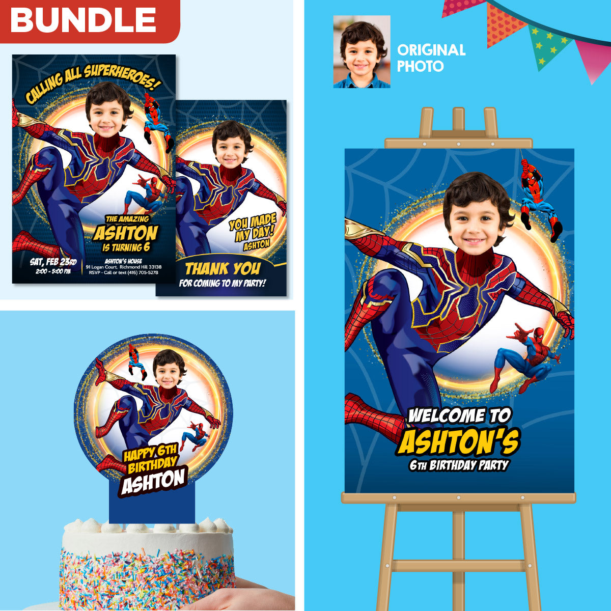 Bundle No Way Home Birthday matching items with kid as Spiderman: Invitation and Thank you, Cake Topper and Welcome Sign. 555B2