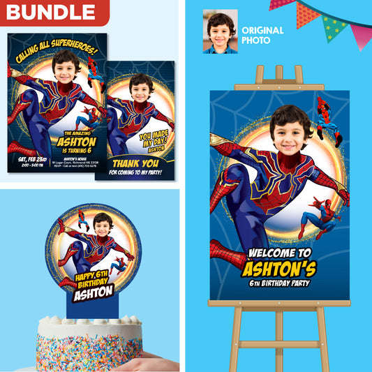 Bundle No Way Home Birthday matching items with kid as Spiderman: Invitation and Thank you, Cake Topper and Welcome Sign. 555B2