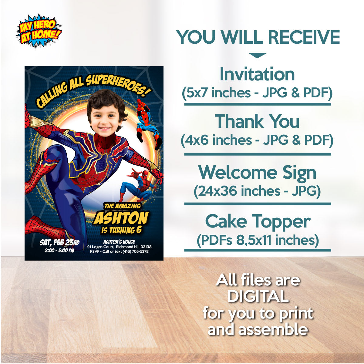 Bundle No Way Home Birthday matching items with kid as Spiderman: Invitation and Thank you, Cake Topper and Welcome Sign. 555B2