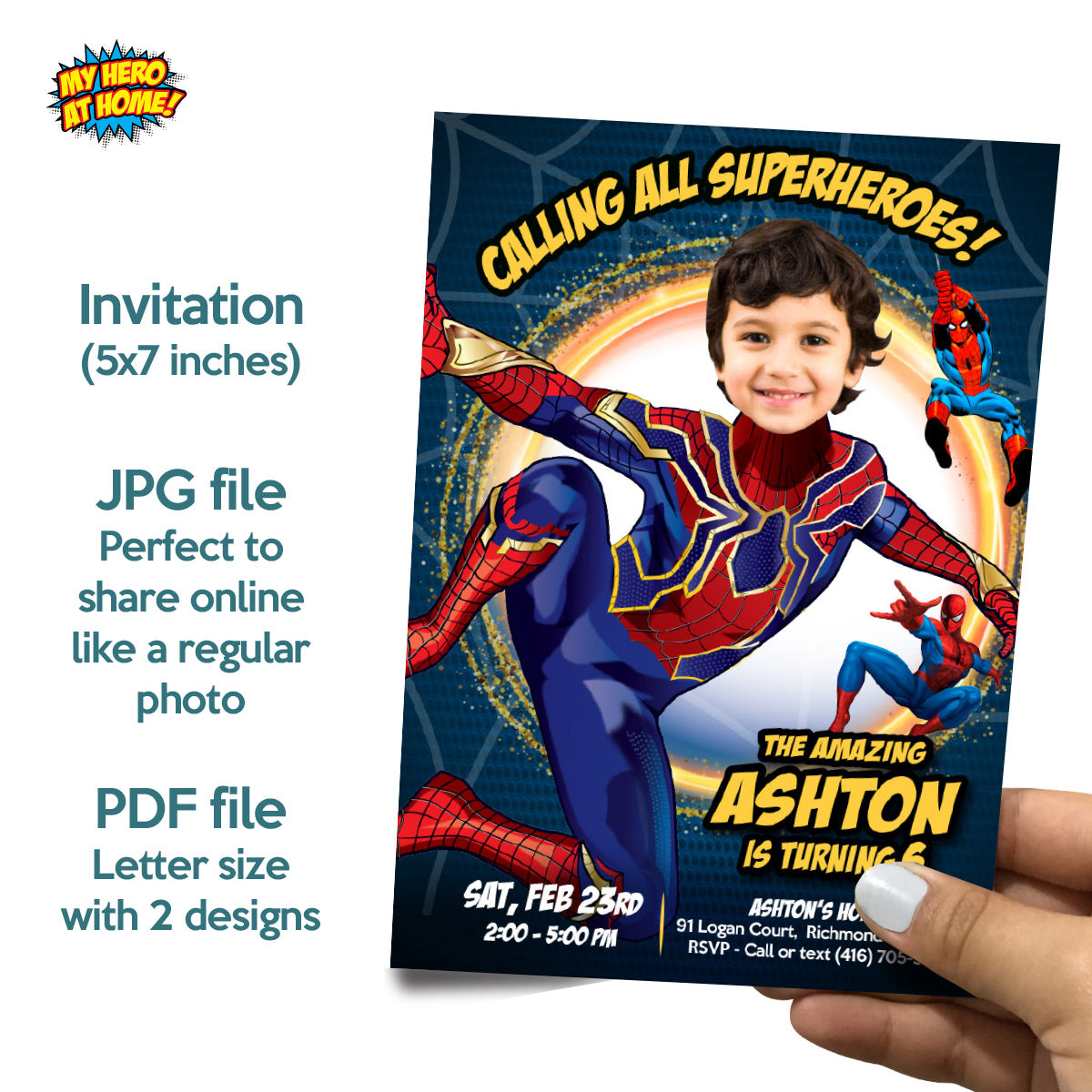 Bundle No Way Home Birthday matching items with kid as Spiderman: Invitation and Thank you, Cake Topper and Welcome Sign. 555B2