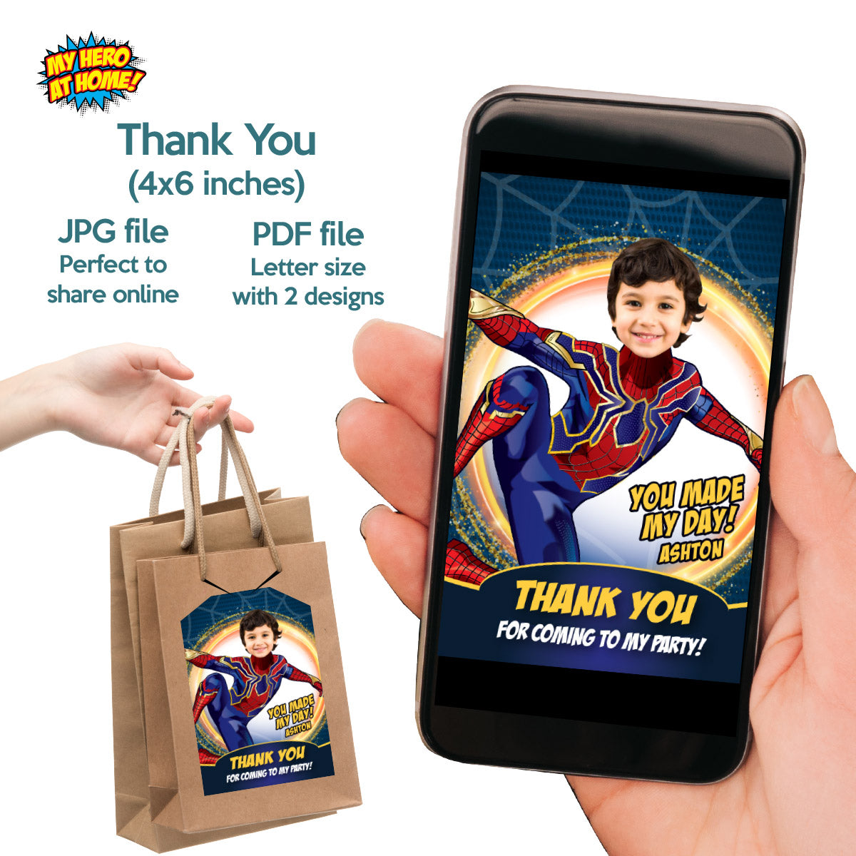 Bundle No Way Home Birthday matching items with kid as Spiderman: Invitation and Thank you, Cake Topper and Welcome Sign. 555B2
