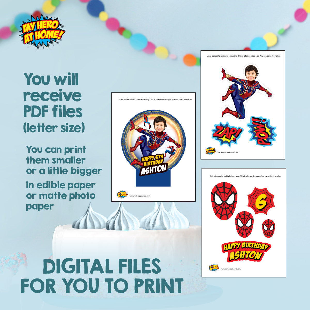 Bundle No Way Home Birthday matching items with kid as Spiderman: Invitation and Thank you, Cake Topper and Welcome Sign. 555B2