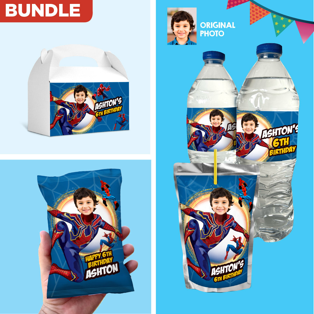 Customized Bundle Iron Spiderman snacks labels with photo: water wrappers and Juice pouch, Chip bags, Candy boxes. 555B3