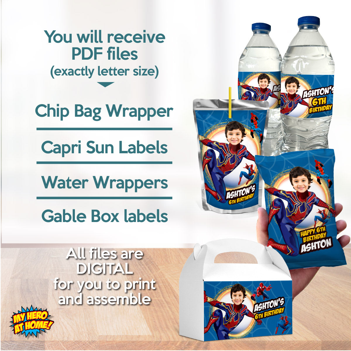Customized Bundle Iron Spiderman snacks labels with photo: water wrappers and Juice pouch, Chip bags, Candy boxes. 555B3