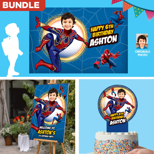 Bundle Iron Spiderman Party decoration with birthday kid as the star: Banner Backdrop, Cake Topper and Welcome Sign. 555B4